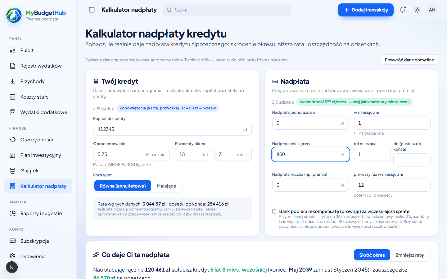Kalkulator nadpłaty kredytu hipotecznego z wykresem salda