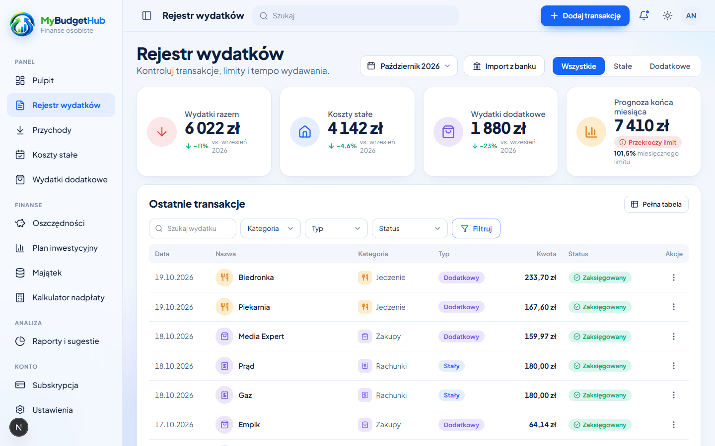 Rejestr wydatków z tabelą transakcji i podsumowaniem